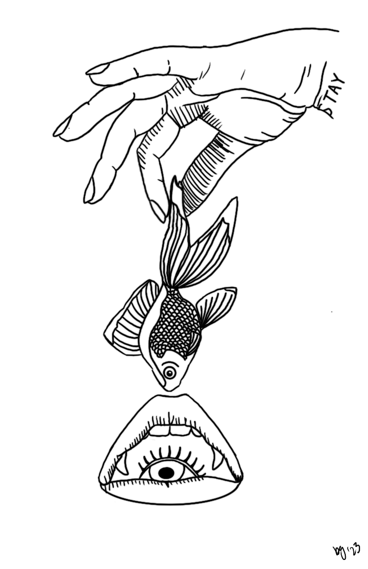 "Awaken" cover image. Features a goldfish being held by tail fin by the pointer finger and thumb of a left hand with STAY tattooed on the wrist. Goldfish is dangling over an open mouth with an open eye inside the mouth. Designed and drawn via Procreate by Isabella Gross, signed bg '23.